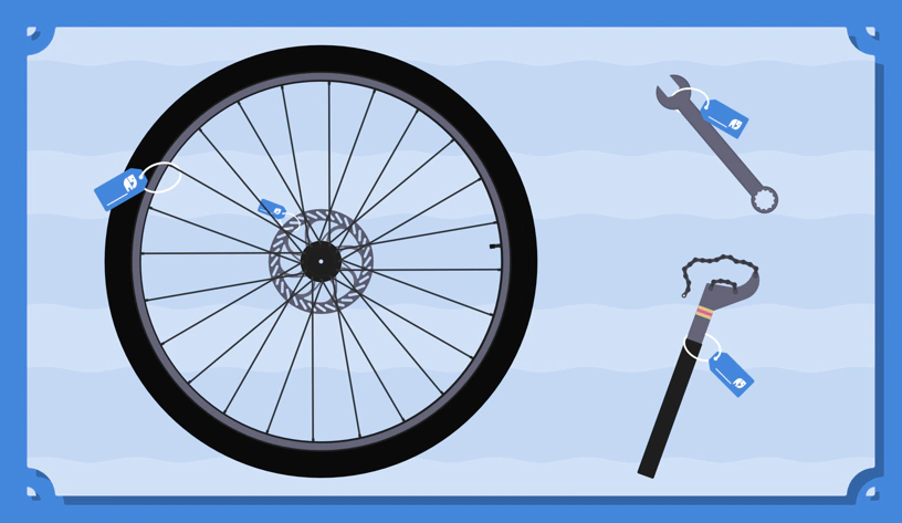 Illustrierte Grafik eines Laufrads, eines MaulschlÃ¼ssels und einer Kettenzange.