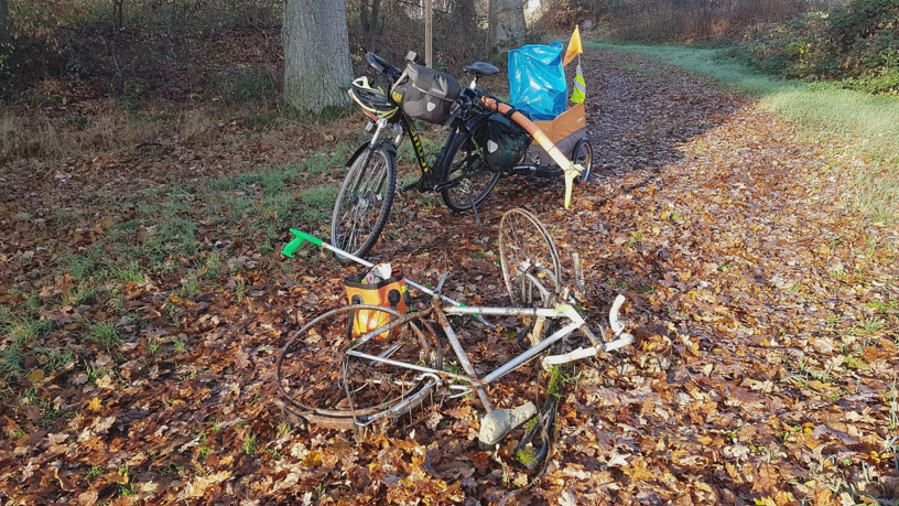 Rostiges und kaputtes Fahrrad liegt vor dem Gespann aus Fahrrad und Fahrradanhänger auf dem Waldboden.