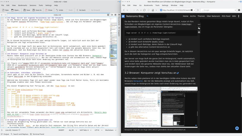 Links der Kate Editor und rechts der Browser mit der Vorschau des Blogbeitrags