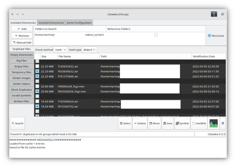 Screenshot der Anwendung czkawka mit einer Liste doppelt oder mehrfach vorhandenen Dateien.