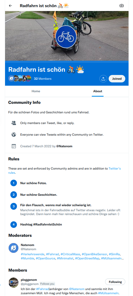 Screenshot der Übersichtsseite der Twitter-Community im Browser. Zu sehen das Logo, die Regeln und wer was machen darf.