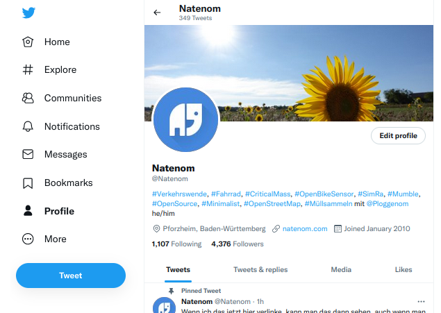 Screenshots eines Twitter-Profils mit Community-Menüpunkt auf der linken Seite.