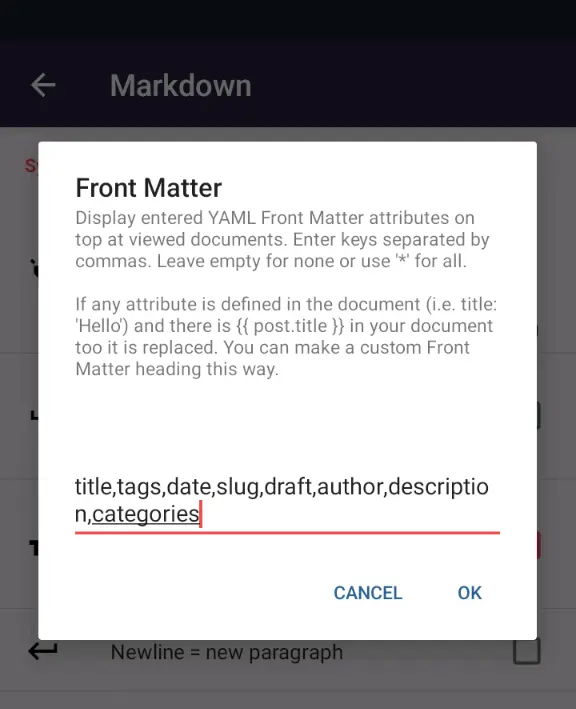 Screenshot der App mit Einstellungen fÃ¼r die Attribute, die im Front Matter angezeigt werden.
