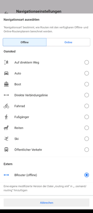 Screenshot der OsmAnd App auf Android mit den Navigationseinstellungen.