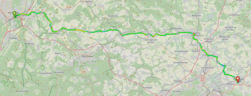 Screenshot des Routenverlaufs von Karlsruhe nach Stuttgart.