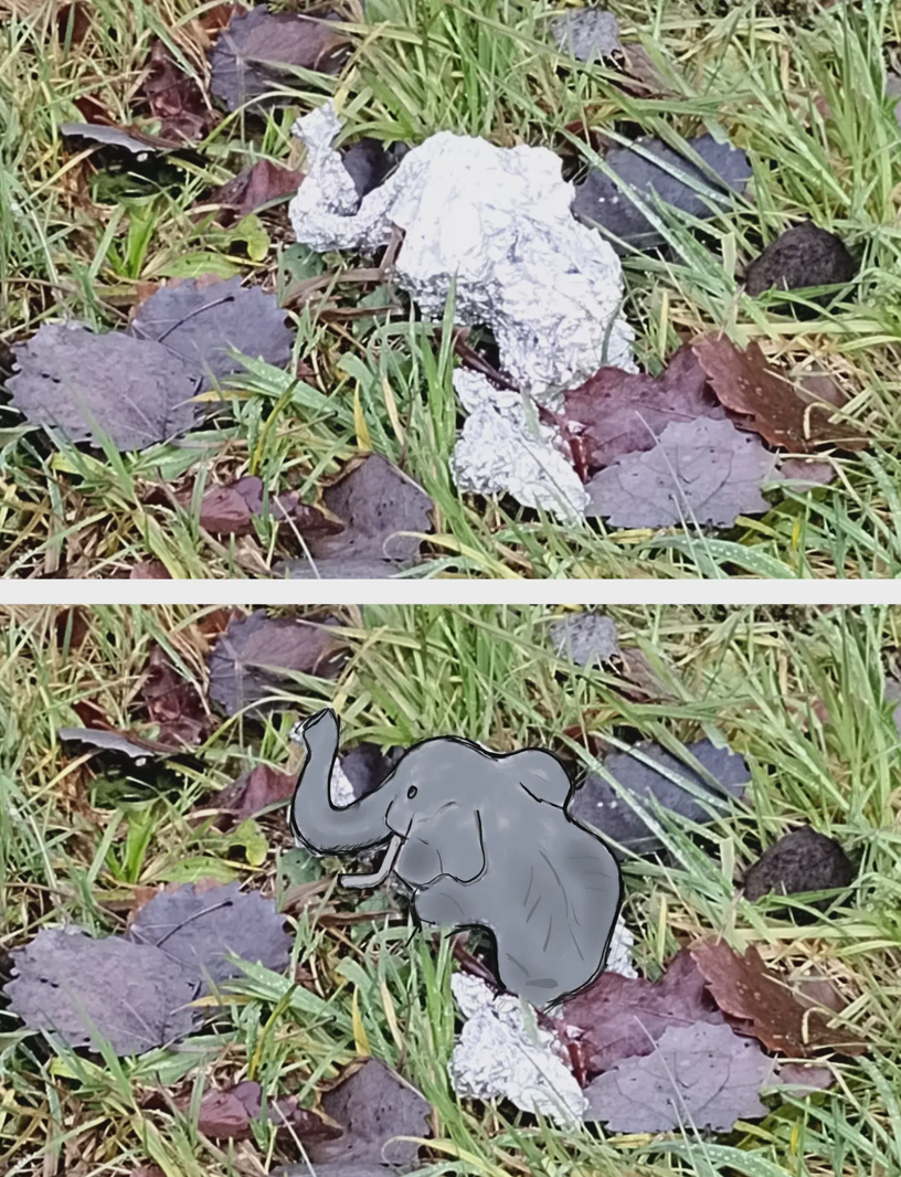 Oben Alufolie (zerknÃ¼llt) im Gras und drunter das selbe Bild, aber der Elefant wurde nachgezeichnet und koloriert.