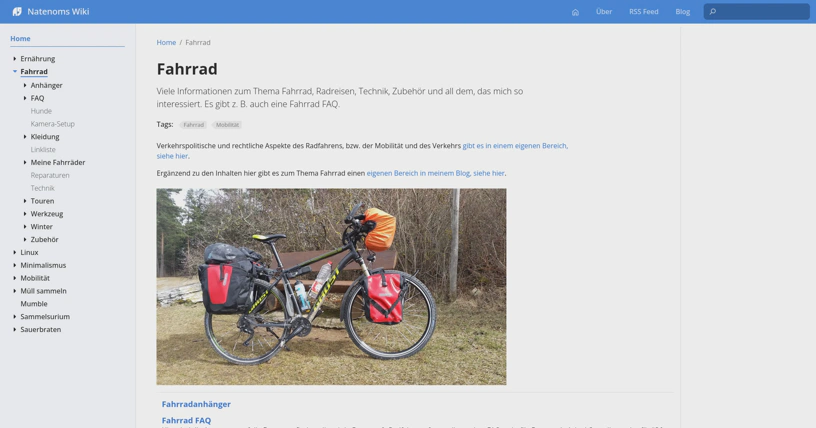 Screenshot des aktuellen Wikis. Links die Navigation mit den Hauptbereichen, wobei der Bereich 'Fahrrad' geÃ¶ffnet ist. Rechts der offene Bereich 'Fahrrad', eine Beschreibung des Themas und ein Bild eines Fahrrads.