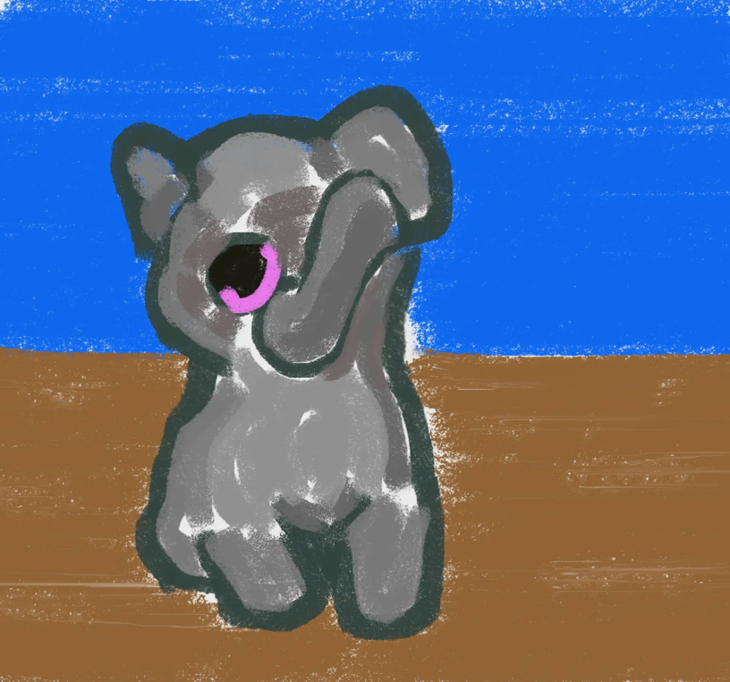 Der kleine Elefant Kagube auf braunem Grund und blauem Hintergrund.