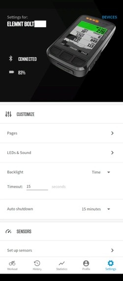 Screenshot der Elmnt App auf Android. Zu sehen sind oben eine Abbildung des Fahrradcomputers und darunter die verschiedenen Bereiche der Einstellungen: 'Pages', 'LEDs & Sound',  'Backlight', 'Auto shutdown', 'Sensors', 'Setup sensors'. Darunter die Reiter fÃ¼r 'Workout', 'History', 'Statistics', 'Profile' und 'Settings'.