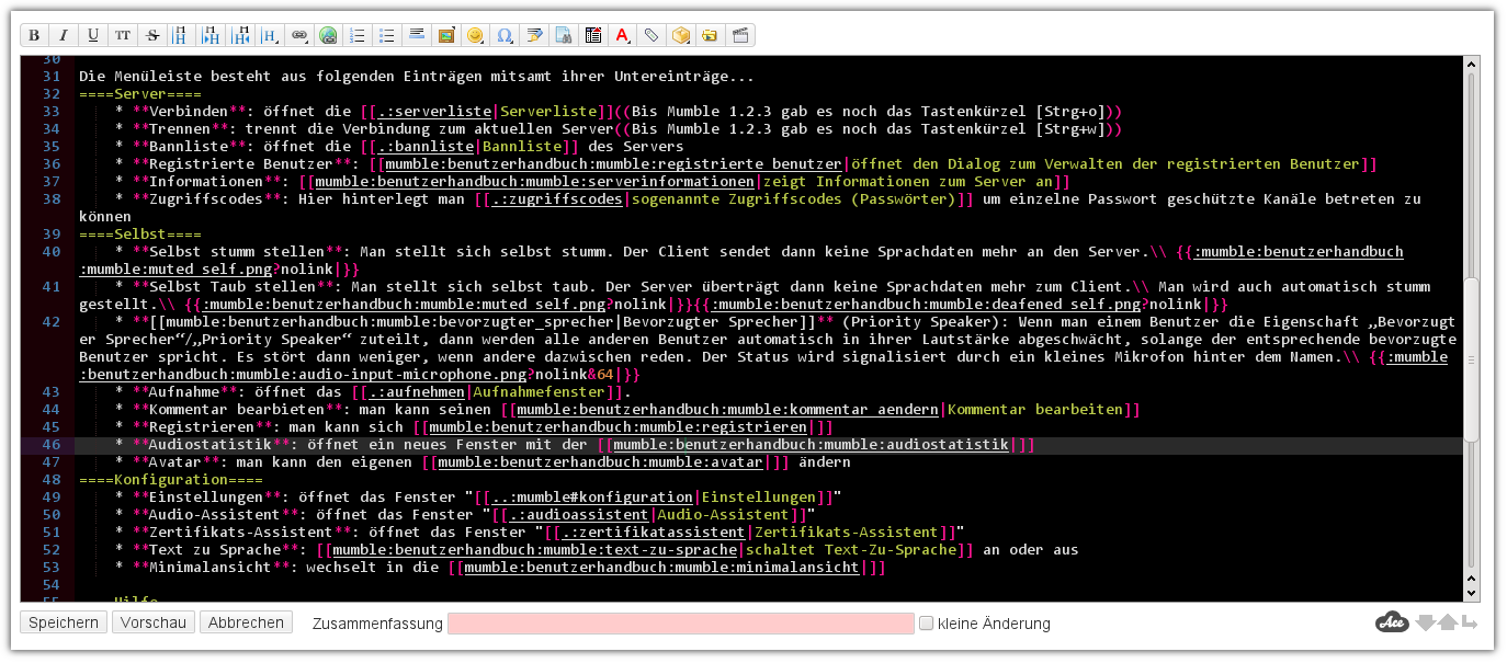 AceEditor Ersatz für den für DokuWiki Editor mit SyntaxHighlighting